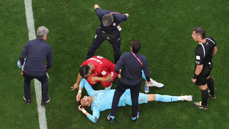 Following clash with teammate, Iran GK Alireza Beiranvand stretchered off after freak accident leaves him with bloodied nose