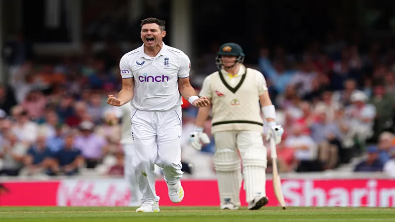 England's James Anderson celebrates the wicket of Australia's Mitchell Marsh during Day 2 of the 5th Ashes Test match