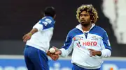 Sri Lankan bowler Lasith Malinga in action for Mumbai Indians during a training century. 