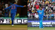 Kuldeep Yadav celebrates a wicket whereas Suryakumar Yadav celebrates his century in the third T20I against South Africa (Getty Images)