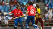 Phil Salt (L) and Harry Brook (R) of England celebrate winning the 3rd T20I between West Indies and England.