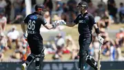 New Zealand's Will Young and Henry Nicholls celebrate a boundary during 2nd ODI against Bangladesh at Saxton Field on December 20. (Getty)