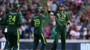 Pakistan skipper Shaheen Shah Afridi(R) celebrates a wicket with Fakhar Zaman (L) during 2nd T20I against New Zealand . (Getty)