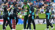 Pakistan's Shaheen Shah Afridi (C) shakes hands with New Zealand's Devon Conway (2L).