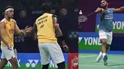 India's star shuttlers Satwiksairaj Rankireddy & Chirag Shetty (left) and HS Prannoy in action during India Open 2024.