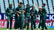 Pakistani players celebrate after the dismissal of Bangladesh's Jishan Alam during their U-19 World Cup's Super Six match on February 3.. (Photo by Sydney Seshibedi-ICC/ICC via Getty Images)