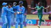 Saumy Pandey of India with teammates (Left) and Kwena Maphaka of South Africa. (Getty Images)