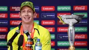 Australia captain Hugh Weibgen speaks to the media with the U-19 World Cup trophy in the post match press conference after Australia defeat India in the final. (Getty)