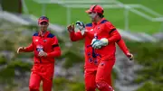 South Australia's Alex Carey (right) celebrates after taking the catch of Jack Wildermuth of the Queensland Bulls during the Marsh One Day Cup on February 14. (Getty)