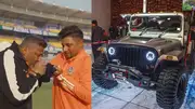 Left: Sarfaraz Khan with his father. Right: Mahindra Thar. (Photo Courtesy: Twitter)