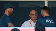 Ben Stokes and Brendon McCullum having a conversation with match referee Jeff Crowe after defeat in Rajkot (Getty Images)