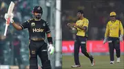 Peshawar Zalmi captain Babar Azam (left); Mohammad Asghar celebrates a wicket (Getty Images)