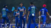 Sri Lanka's Matheesha Pathirana (C) celebrates with teammates after taking the wicket of unseen Afghanistan batter Karim Janat during the 1st T20I on February 17. (Getty)