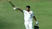 Mumbai's batting sensation Musheer Khan celebrates after scoring a century in Ranji Trophy quarterfinal match vs Baroda on February 23. (X)