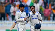 India's Shubman Gill (L) and Dhruv Jurel celebrate their win at the end of the fourth day of the 4th Test against England in Ranchi on February 26. (Getty)