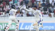 India batsmen Shubman Gill (right) and Dhruv Jurel celebrate the winning runs during Day 4 of the 4th Test against England on February 26, 2024 in Ranchi, India. (Getty)