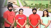 (L-R) Sakshi Malik’s husband Satyawart Kadian, Sakshi Malik, Bajrang Punia and Vinesh Phogat