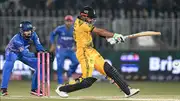 Peshawar Zalmi's captain Babar Azam (R) plays a shot during PSL match against Mulatan Sultans in Rawalpindi on March 5. (Getty)