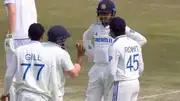 India's Rohit Sharma, Sarfaraz Khan, Dhruv Jurel during an on-field discussion on Day 1 of the 5th Test against England. (Screengrab-X)