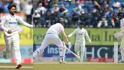 England's Zak Crawley (centre) is bowled by Kuldeep Yadav (left) during Day 1 of the 5th Test against England. (Getty)