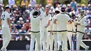 Australia's Josh Hazlewood (C) is congratulated by teammates after dismissing Tom Latham during Day 1 of the 2nd Test against New Zealand on March 8. (Getty)