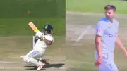 India's star batter Sarfaraz Khan (left) and England's ace pacer Mark Wood in this frame. (Screengrab-X)