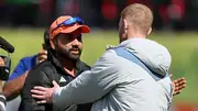 India captain Rohit Sharma (left) shakes hands with England skipper Ben Stokes after winning the 5th Test on March 9 in Dharamsala. (Getty)