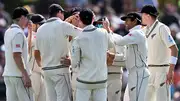 Matt Henry of New Zealand is congratulated by his team mates after dismissing Mitchell Marsh of Australia. (Getty Images)