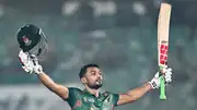 Bangladesh's captain Najmul Hossain Shanto celebrates after scoring a century during the first ODI against Sri Lanka on March 13. (Getty)