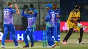 Multan Sultans' players celebrate the wicket of Peshawar Zalmi's Babar Azam during PSL match on March 14. (Getty)