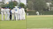 Jofra Archer in the huddle with Karnataka players; Sussex batter gets bowled (Screengrab: Sussex Cricket, X)