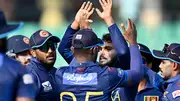 Sri Lanka's Wanindu Hasaranga (3R) celebrates with teammates after taking the wicket of Bangladesh's Soumya Sarkar during 2nd ODI on March 15. (Getty)