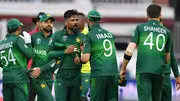 File Photo: Pakistan's Imad Wasim (2R) shakes hands with Mohammad Amir (C) as they celebrate with teammates after victory in the 2019 Cricket World Cup group stage match against South Africa on June 23, 2019. (Getty)