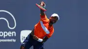 Sumit Nagal of India serves to Coleman Wong of Hong Kong during his singles men's match during the Miami Open. (Getty)