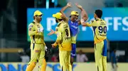 CSK skipper Mahendra Singh Dhoni shakes hands with with teammates as they celebrate after defeating Gujarat Titans during IPL on May 23, 2023. (Getty)