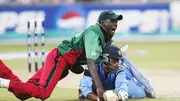 File Photo: Kenya's Collins Obuya (top) collides with India's Mohammad Kaif in an attempted run out during the ICC World Cup 2023 Semi Final in Durban, South Africa on March 20, 2003. (Getty)