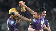 Kolkata Knight Riders' star spinner Sunil Narine (centre) celebrates with his teammates in this frame. (Getty)