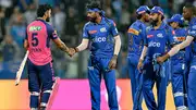 Riyan Parag during the customary handshake with Hardik Pandya and Mumbai Indians players (Getty Images)