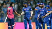 Mumbai Indians' captain Hardik Pandya (2L) greets RR's Riyan Parag (L) as his teammate Rohit Sharma (3R) watches at the end of the IPL 2024 match at the Wankhede Stadium in Mumbai on April. (Getty)