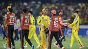 CSK players shake hands with SRH players after suffering six-wicket defeat in their IPL 2024 clash on April 5. (Getty)