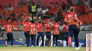 Punjab Kings' Arshdeep Singh (C) celebrates with teammates after taking the wicket of Sunrisers Hyderabad's Aiden Markram during their IPL 2024 clash on April 9. (Getty)