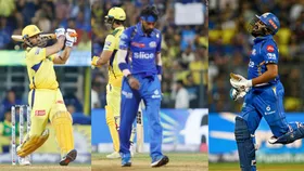 MI vs CSK मैच के दौरान महेंद्र सिंह धोनी, हार्दिक पंड्या और रोहित शर्मा 