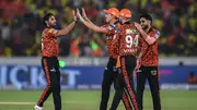 Sunrisers Hyderabad's Bhuvneshwar Kumar (left) celebrates with his teammates in this frame. (Getty)