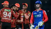 Sunrisers Hyderabad's Mayank Markande (2L) celebrates with teammates after taking the wicket of Delhi Capitals' Jake Fraser-McGurk (R) during their IPL 2024 clash on April 21. (Getty)