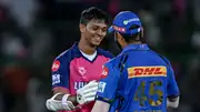 Rajasthan Royals' Yashasvi Jaiswal greets Mumbai Indians' Rohit Sharma (R) at the end of the match between RR and MI. (Getty)