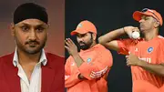 (L-R) Former Indian spinner Harbhajan Singh, Indian captain Rohit Sharma and Indian head coach Rahul Dravid. (File Photo: Getty)
