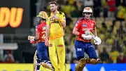 Punjab Kings' captain Sam Curran (R) and Shashank Singh (L) run between the wickets as Chennai Super Kings' Richard Gleeson looks on during their IPL 2024 clash on May 1. (Getty)