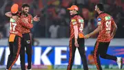 Sunrisers Hyderabad's Bhuvneshwar Kumar (2L) and his teammates celebrate after their team's win over Rajasthan Royals in their IPL 2024 clash on May 2. (Getty)