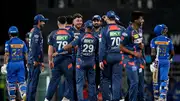 Lucknow Super Giants' Marcus Stoinis (5L) with wicketkeeper and captain KL Rahul (4R) celebrates with teammates after dismissing Mumbai Indians' Suryakumar Yadav (R) in their IPL 2024 clash. (Getty)