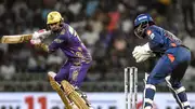 Kolkata Knight Riders' Sunil Narine (L) plays a shot as Lucknow Super Giants' wicktkeeper and captain KL Rahul fields the ball during their IPL 2024 clash on May 5. (Getty)